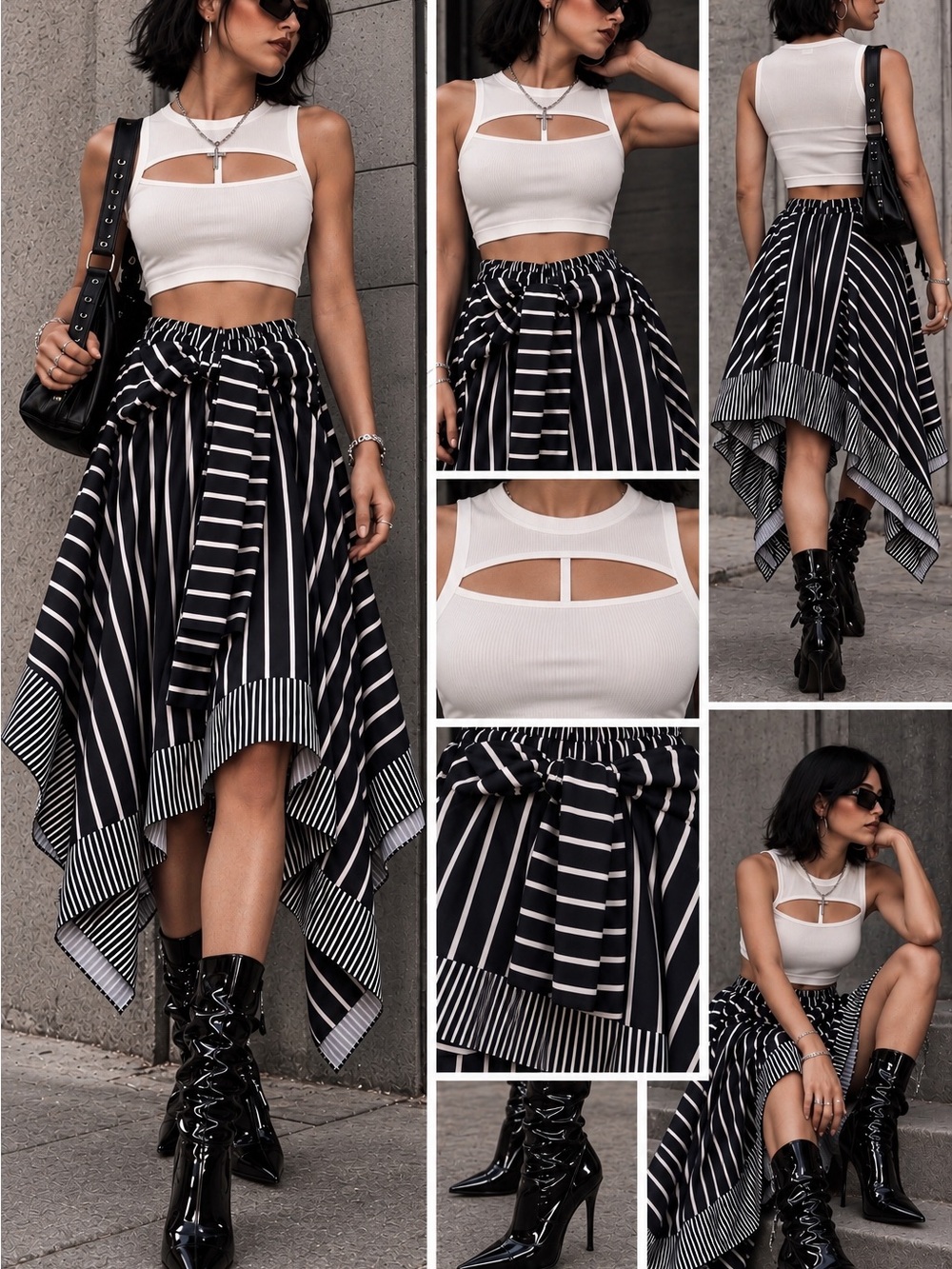 2pc set Asymmetric Black & White Striped Handkerchief Hem Skirt & Cutout Tank